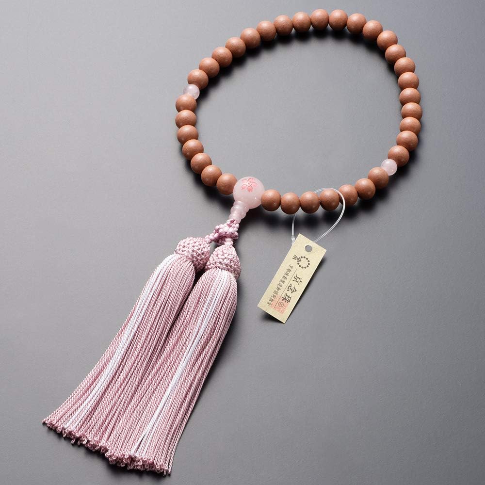 Buddhist Altar Shop Takita Shoten Kyoto Prayer Beads for Women, Red Cherry Blossoms, Rose Quartz Cherry Blossom Carving, 8mm Beads, Pure Silk Headed Buns, Bead Bag Included, Can Be Used by All Sects, Certificate Included