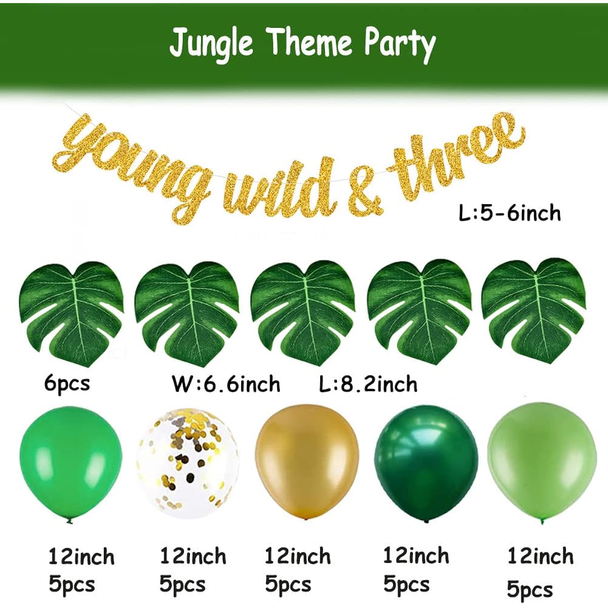 Jungle 3rd Birthday Decorations, Wild 3 Birthday Party Supplies Kit with Jungle Theme Animal Heads Foil Balloons Safari Garland & Young Wild 3 Banner for Baby Boy Girl 3rd Birthday Decor Green