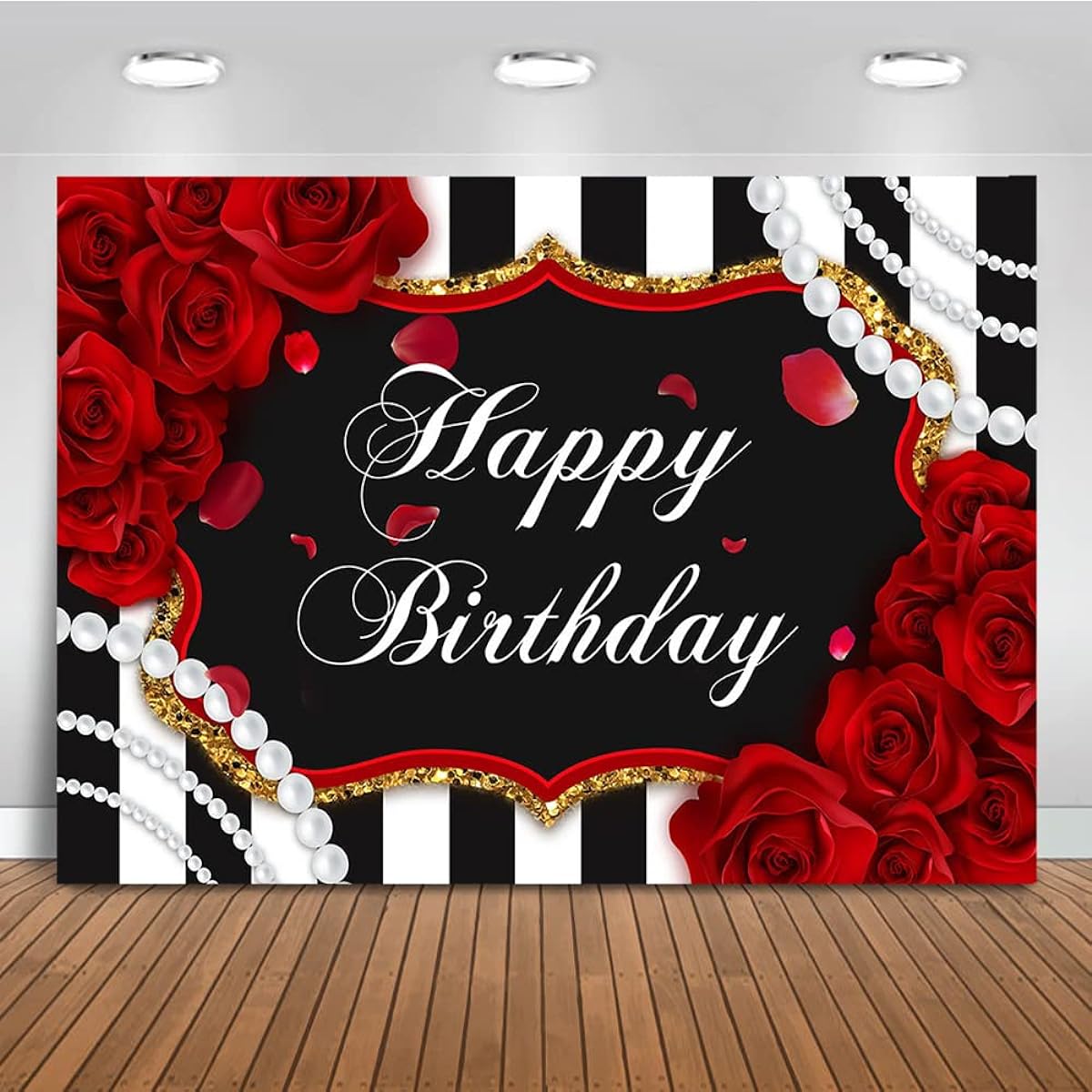 Avezano Red Rose Birthday Backdrop Floral Pearl Stripe Birthday Party Decoration Black White Striped Rose Women Birthday Party Banner Photo Backdrop (8x6ft)