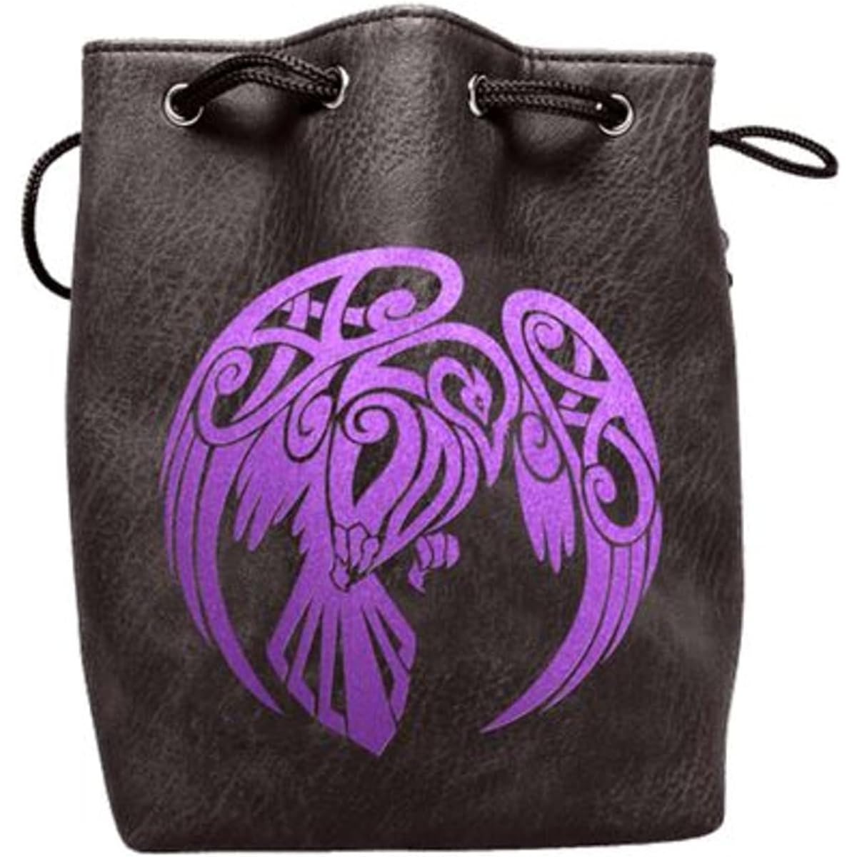 Black Leather Lite Large Dice Bag Raven Design - Black Faux Leather Exterior Lined Interior - Stands up on its Own Holds 400 16mm Polyhedral Dice