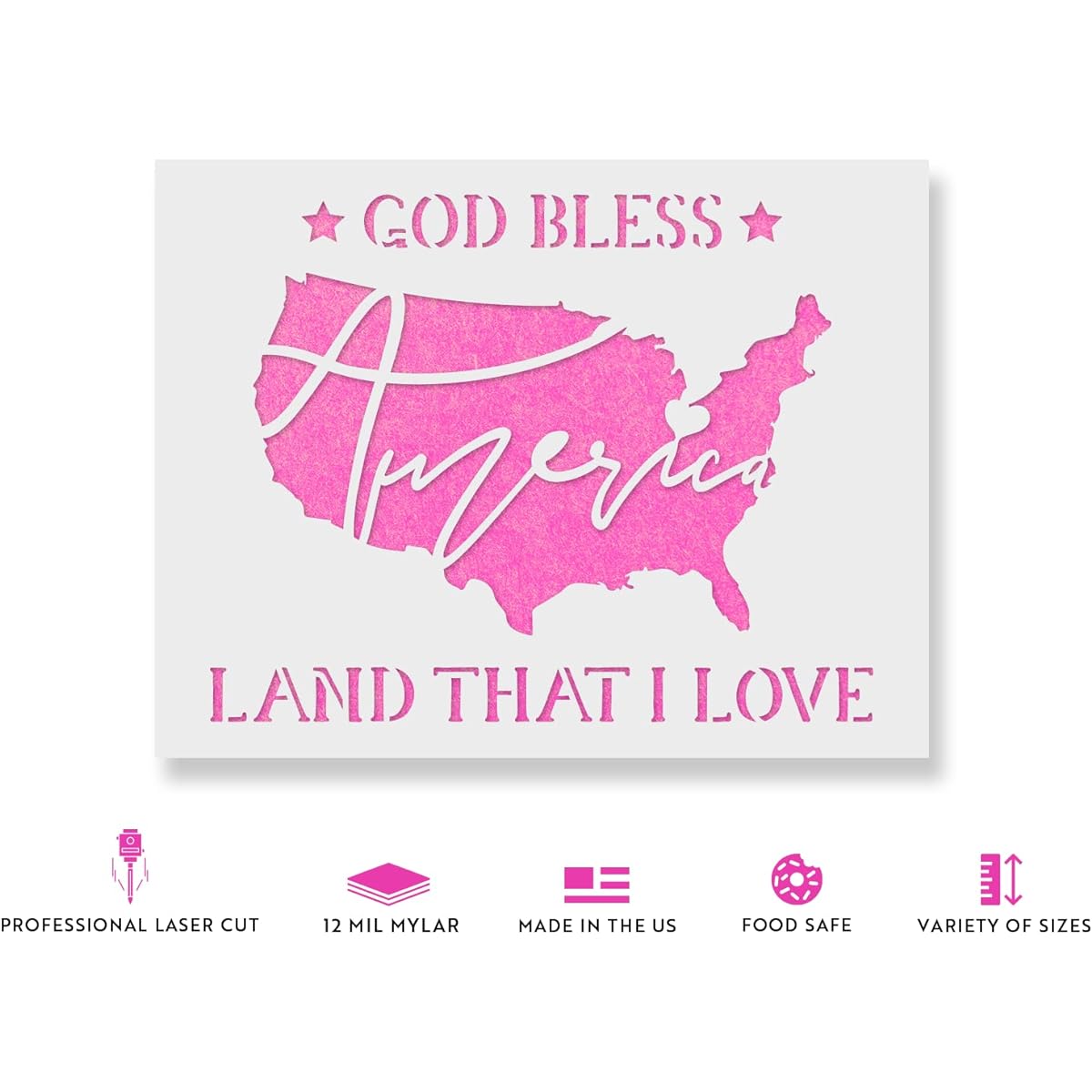 God Bless America Love Patriotic Stencil - Reusable Stencil - Painting Stencil - Create DIY God Bless America Love Patriotic Home Decor 5"x6" White