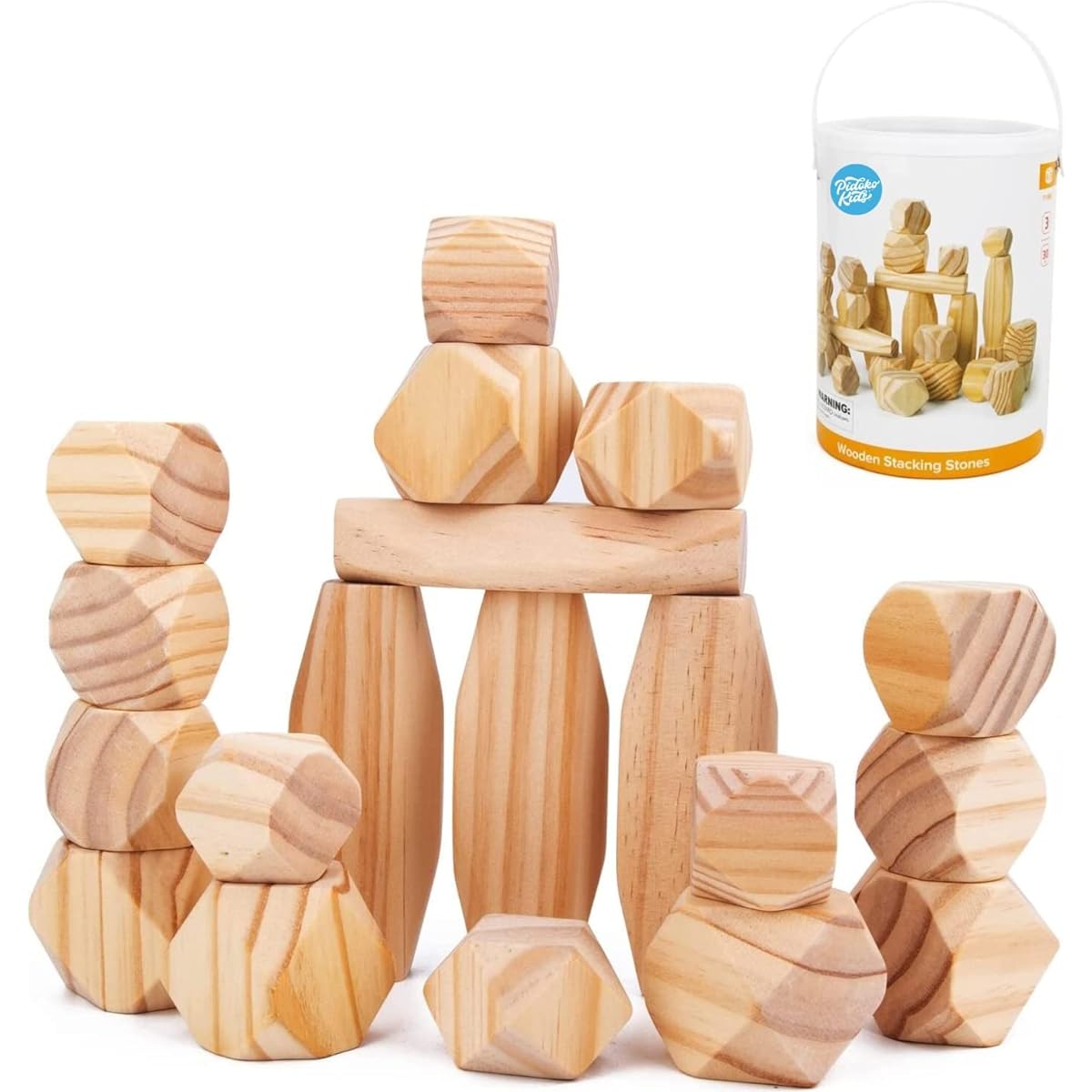 Pidoko Kids Jumbo 30 Wooden Blocks for Toddlers 1-3 Large - Natural Pine Wood Stacking Rocks - Stacking Balance Stones with Storage Container