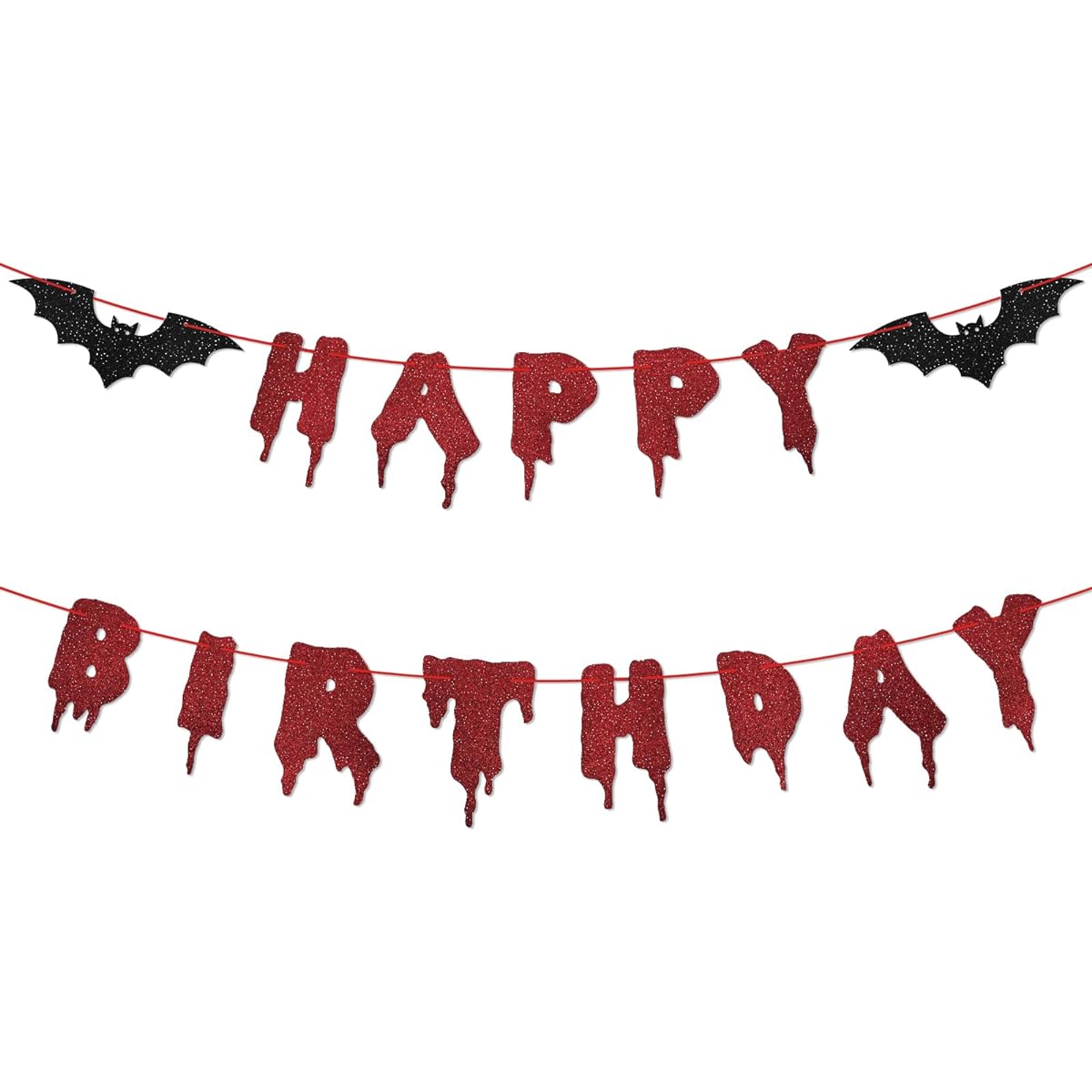 Red Glitter Happy Birthday Halloween Banner - Halloween Hanging Paper Garland Bunting Banner Bloody Bats Vampire Decorations, Photo Backdrop Wall Home Mantle Office Wall Scary Party Supplies