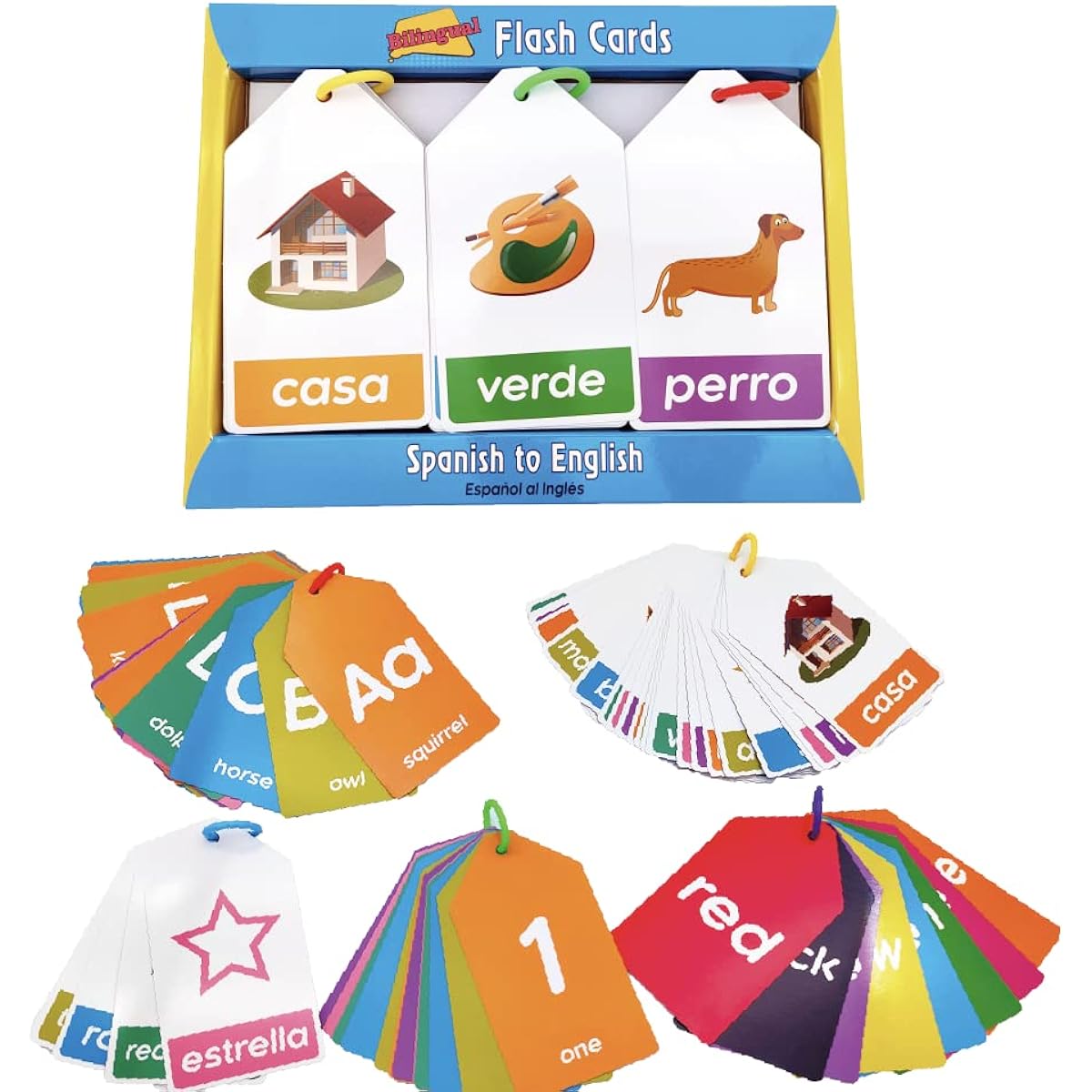 Spanish English Flash Cards Bilingual for Kids 5 Themes Alphabet Color Number Shape First Words 84 Cards Gift Pack