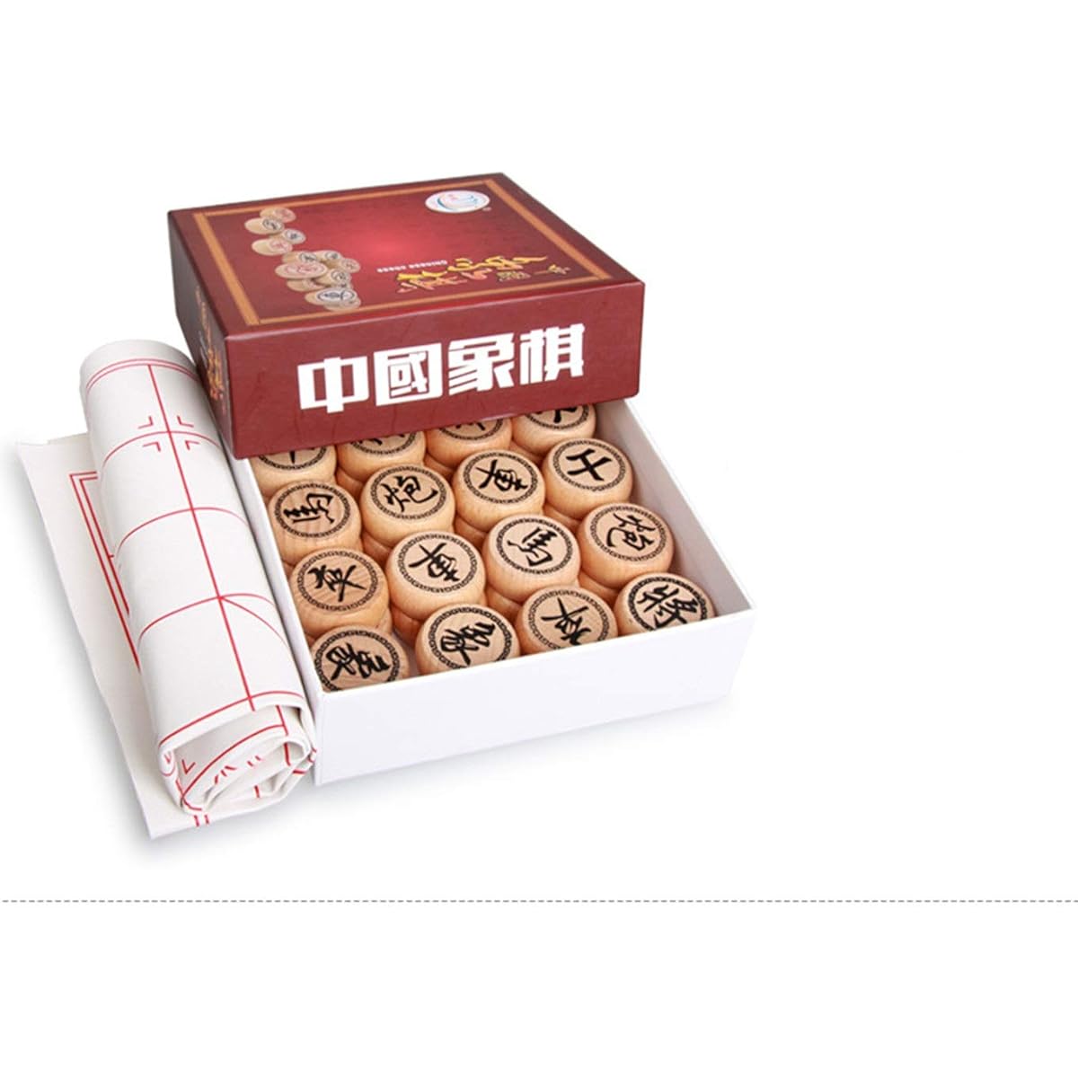Elloapic Beech Wood Xiangqi Chinese Chess Set with Colorful Hard Paper Box, Large Size, Diameter 3.5cm