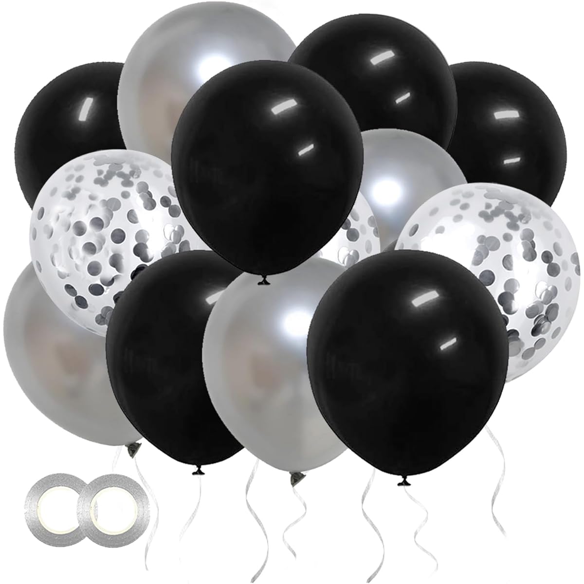 50pcs Black and Silver Confetti Balloons, 12inch Black Balloons, Silver Balloons, Silver Confetti Birthday Balloons for Birthday Party, Graduation, Bachelorette Party Decorations