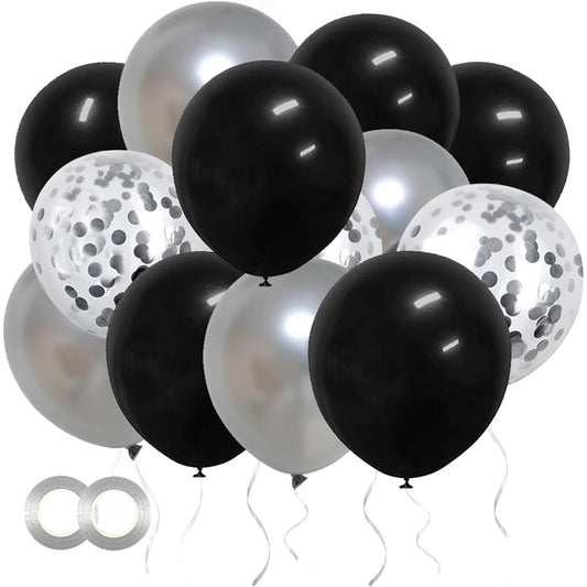 50pcs Black and Silver Confetti Balloons, 12inch Black Balloons, Silver Balloons, Silver Confetti Birthday Balloons for Birthday Party, Graduation, Bachelorette Party Decorations