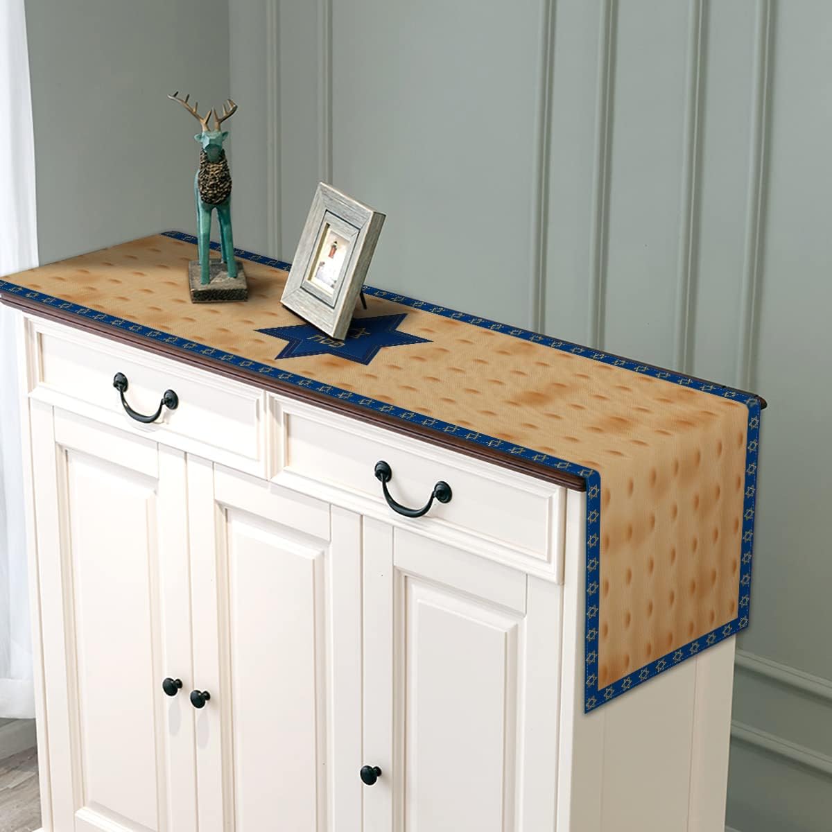 Rustic Passover Table Runner Jewish Pesach Seder Decor Linen Star of David Hebrew Home Kitchen Dining Room Decor 13x72 Inch