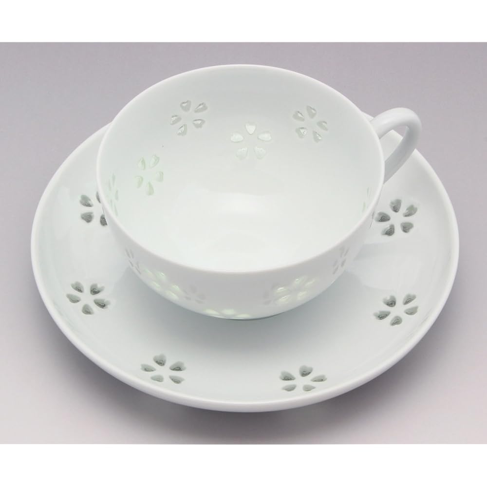 Saisei Ceramic Cup_Saucer White 120ml Hasami Ware Crystal Carved Tea Bowl Dish with Flowers