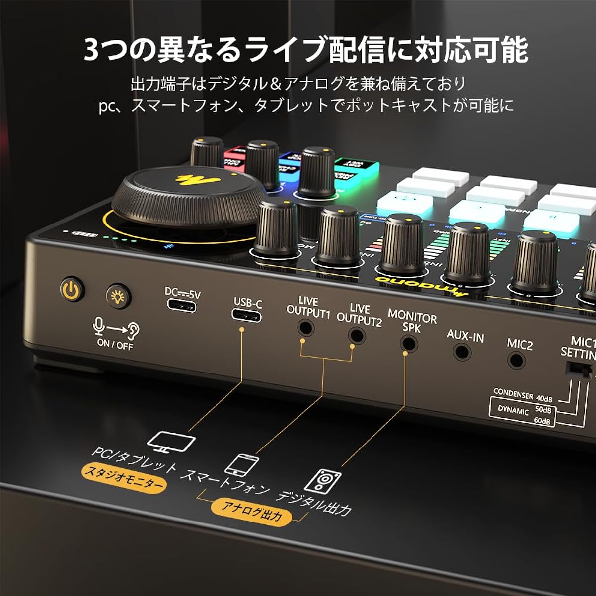 /6.35 Connection Portable All-in-One Podcast Set Compact Distribution Equipment XLR Microphone Included Suitable for Live Broadcasts on YouTube, TikTok, Facebook, etc., Guitar Practice Compatible with Android, iOS, Windows, and Mac OS (MAONOCASTER AME2A)