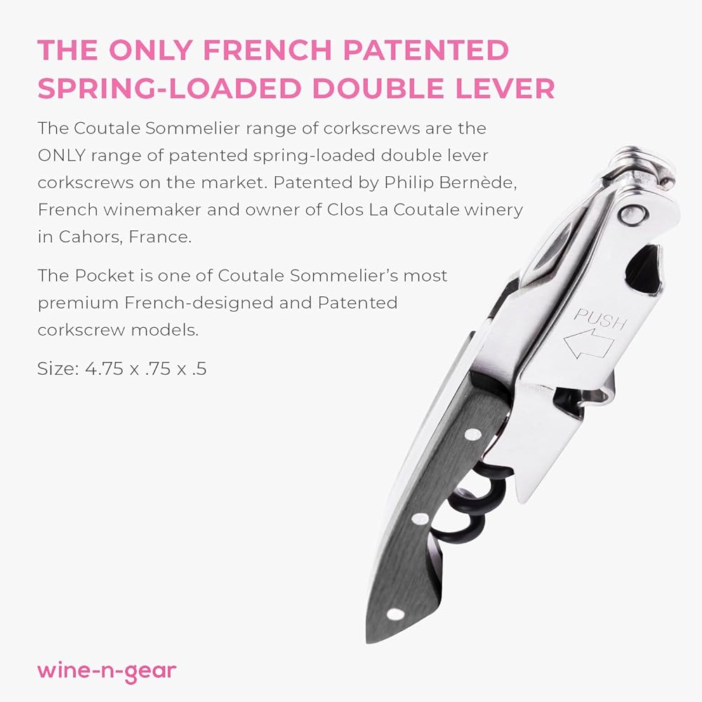 Coutale Sommelier Pocket Prestige Waiters Corkscrew - Black Wood - French Patented Spring Loaded Double Lever Wine Bottle Opener for Bartenders and Gifts - Sharp Micro Serrated Knife