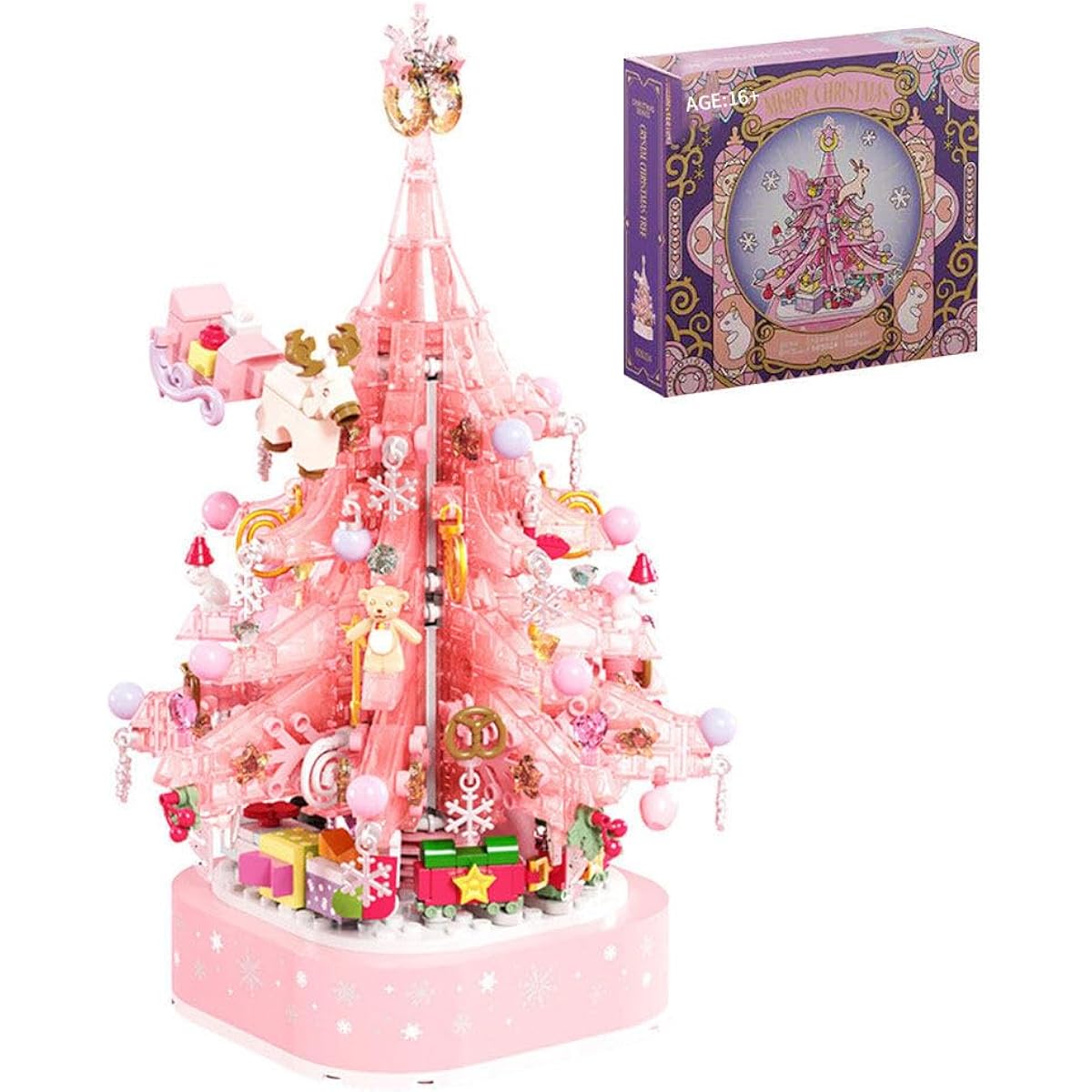 Aetheria Crystal Christmas Tree Music Box Building Set with Lights, 675 Pieces MOC DIY Assembly Pink Music Box Bricks Set 2023 Christmas Building Toy 15.5 x 15.5 x 27cm LGC151174LVJ1T5