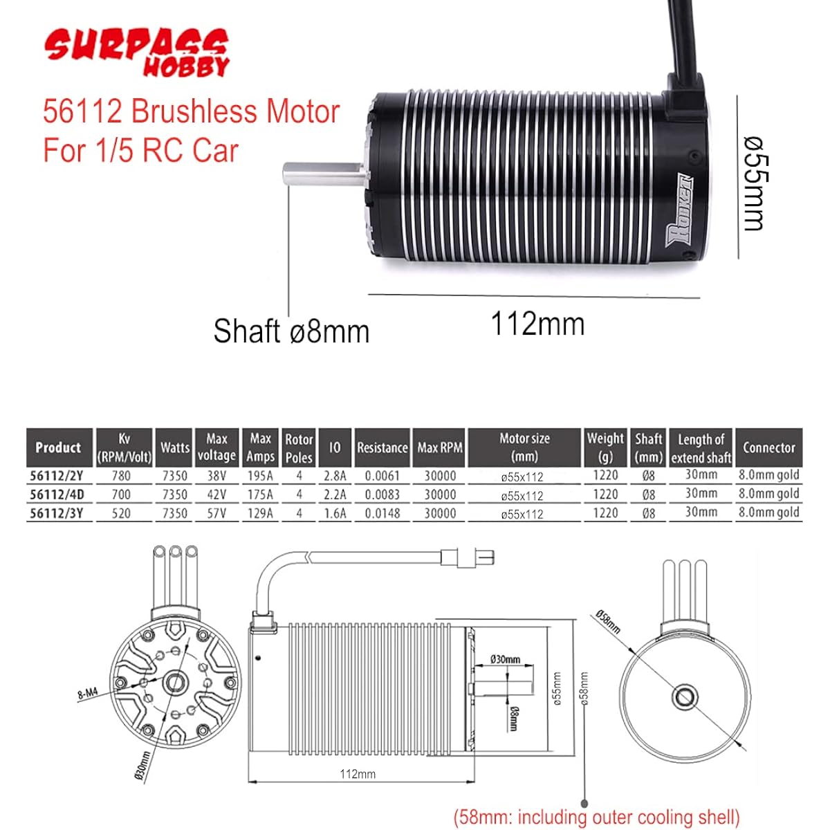 Surpass Hobby Rocket 56112 780KV Sensorless Brushless Motor Shaft Diameter 8.0mm Connector 8.0mm for 1/5 RC Car