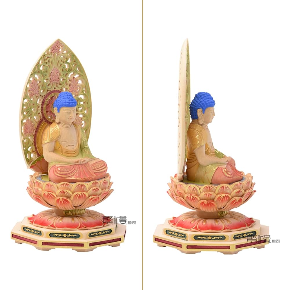 Hanro Art Sculpture Buddha Statue Amitabha Tathagata Tendai Sect 2.0 size Cypress Wood Carving Octagonal Pedestal Arabesque Halo Born in the year of the Dog/Pig Ward off misfortune Zodiac Guardian Principal Image Tendai Sect Principal Image (Height 18.5c