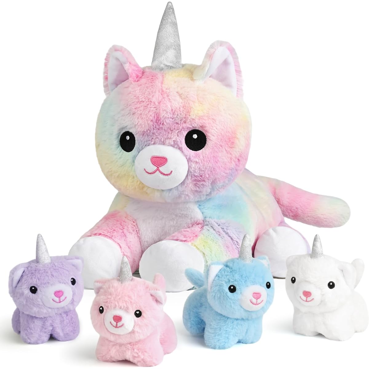 KMUYSL Unicorn Cat Plush Toy for 3 4 5 6 7 8+ - Cat Mom Plush Toy 4 Kittens on Belly Valentine Birthday Gift Soft Stuffed Animal Set Baby Toddler Kids