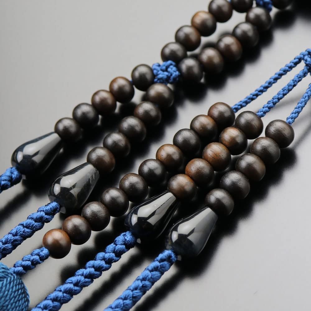 Nichiren Buddhist Prayer Beads for Men, Shakuni, Striped Ebony (Matte), Blue Tiger Eye Stone, Sanskrit Tenbou [Authentic Prayer Beads, Kyoto Prayer Beads, Kyoto 108 Beads, 2 Shakus, Hawk Eye, Blue Tiger Eye, Tiger Eye Stone, Lotus, My Prayer Beads 200030