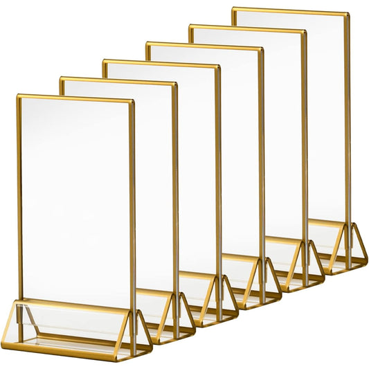 6 Pack Acrylic Sign Holders with Gold Frame, Double Sided Menu Holder Vertical Stand for Photos, Wedding Table Numbers, Pictures, Art Displays, and More (5x7 Inch)