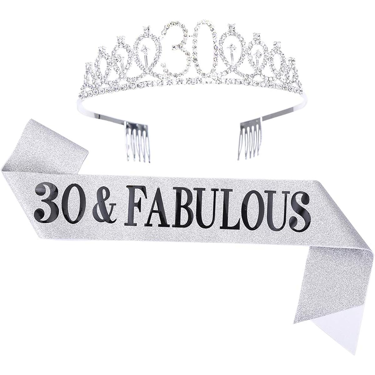 Topfunyy 30th Birthday Tiara and Sash Set - 30 & Fabulous Silver Sash Crystal Crown Birthday Gift for Women 30th Birthday Party Supplies