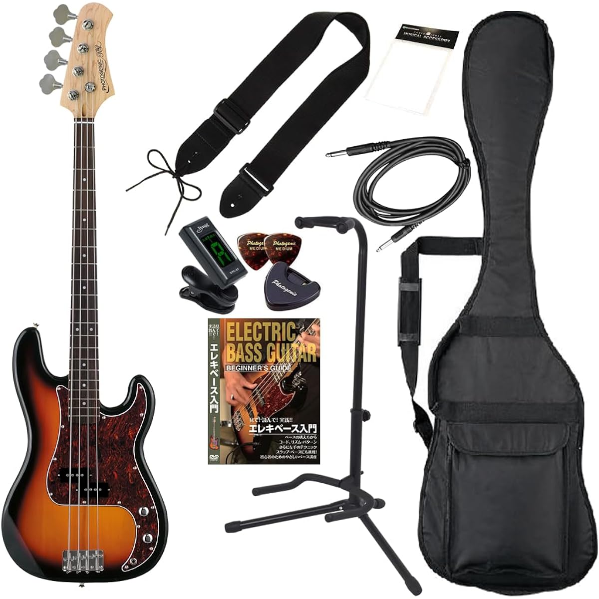 PhotoGenic Electric Bass Beginner's Guide Smart Set JB Type JB-240/HBK Matching Head Black [Soft Case/Shield/Tuner/Strap/Pick/Pick Case/Stand/Cross/Instructional DVD/Adjustment Wrench Included]