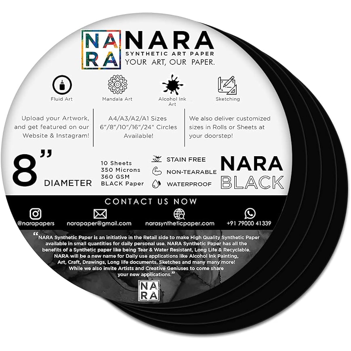 NARA | Alcohol Ink Paper | Black Paper for Alcohol Ink Painting | 8" Diameter Circle | 350 Micron/360GSM | Medium+ Paper | 10 Sheets | 100% Smudge Proof
