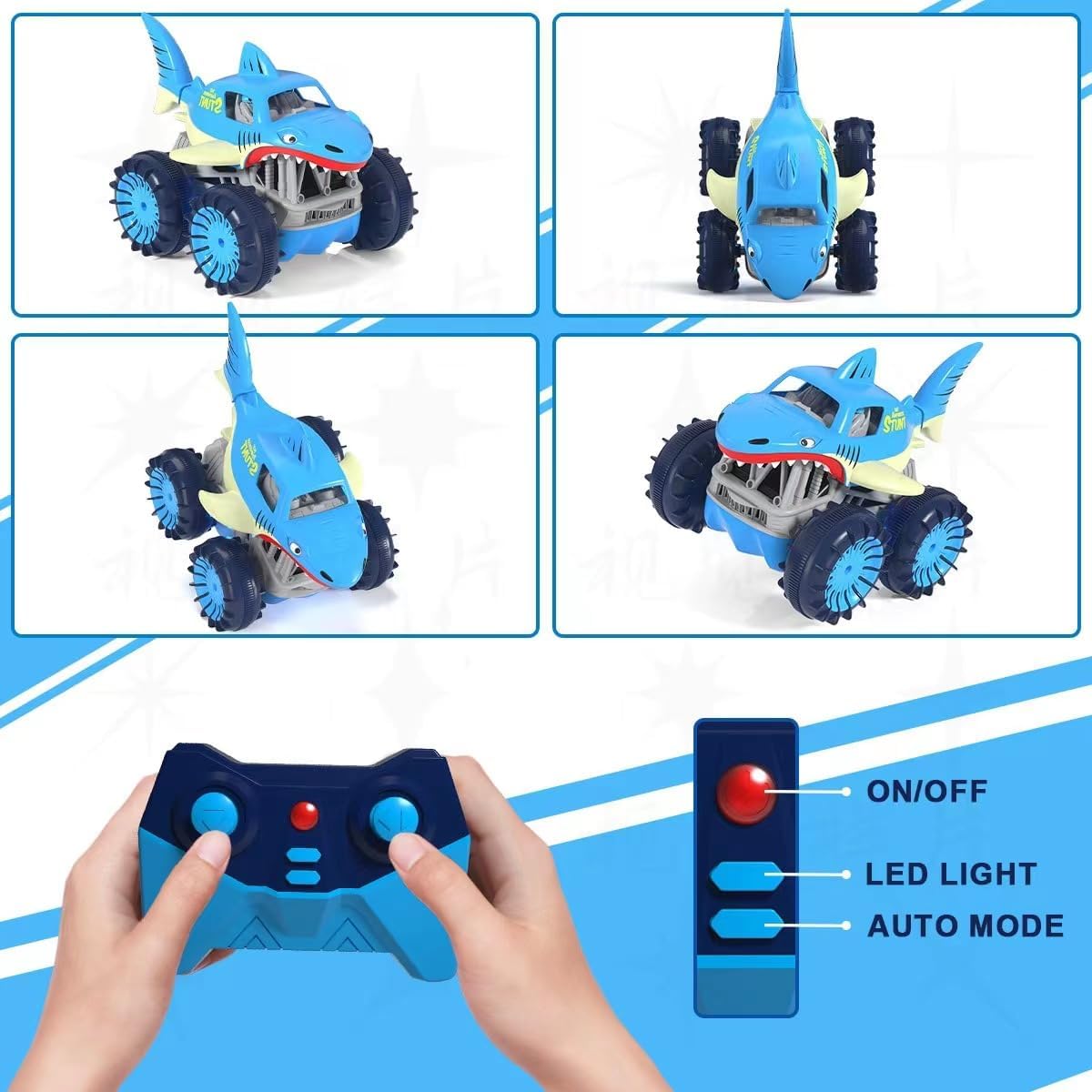 Shark Remote Control Car Amphibious RC Car All Terrain 2.4GHz Direct Charging RC Truck 360 Degree Rotation LED Monster Shark Truck Christmas Birthday Gift for Boys Girls Age 3 4 5 6 7 8 9 10 11 12