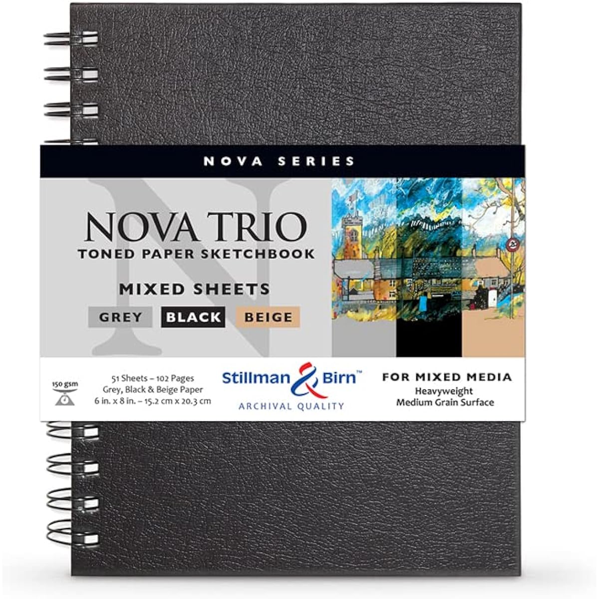 Stillman & Birn Nova Series Trio Wirebound Sketchbook, 6" x 8", 150GSM (Heavyweight), Beige, Gray & Black Paper, Medium Grain Surface