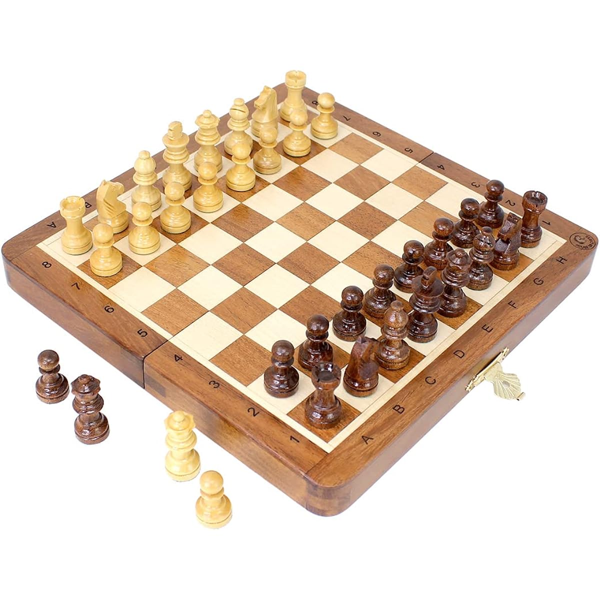 House of Chess - 7.5" Wooden Magnetic Folding Travel Chess Set - Algebraic Notation + 2 Extra Pawns & 2 Extra Queens - Handmade - Premium Quality