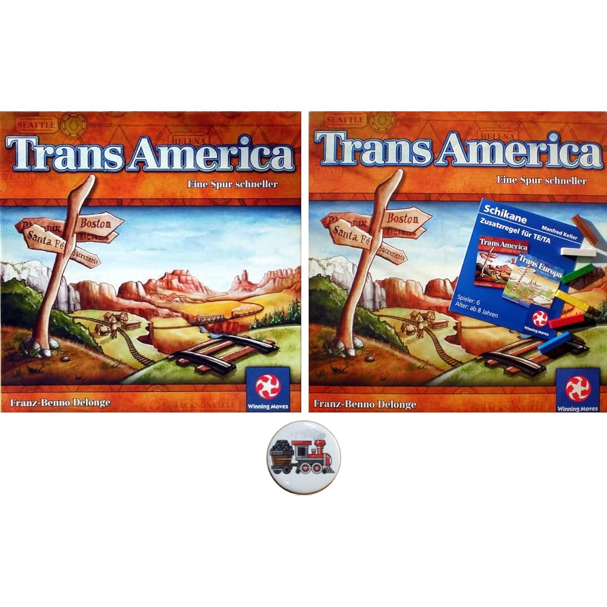 Bundle with Transamerica Base Game, The Vexation Expansion and Train Buttons