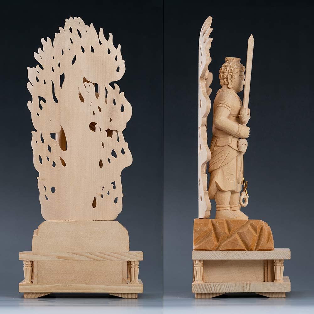 Hanro Art Sculpture Buddha Statue Fudo Myoo Fudoson Buddhist Altar Buddha Statue Made of Cypress Wood 3.5 inches Log Rock Pedestal Flame Halo Year of the Rooster Protective Principal Image Prayer Warding Off Evil (Height 21cm x Width 9cm x Depth 7cm)