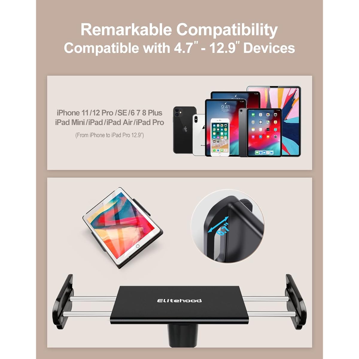 elitehood Boom Microphone Stand with iPad Holder, Heavy Duty Microphone Stand with Tablet Holder Mount, Tablet Floor Tripod Stand for iPad Cell Phone Mic, Foldable Microphone Stand for Singing & Music