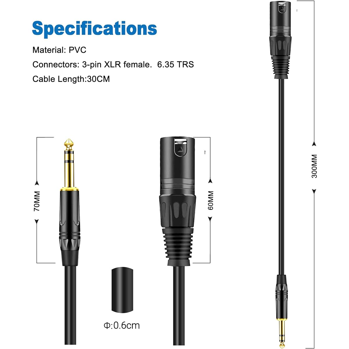 LanSenSu XLR to 1/4 TRS Stereo Adapter, XLR Male to 1/4" (6.35mm) Stereo Balanced Microphone Stereo Audio Converter Adapter Cable 2 Pack - 11.8"