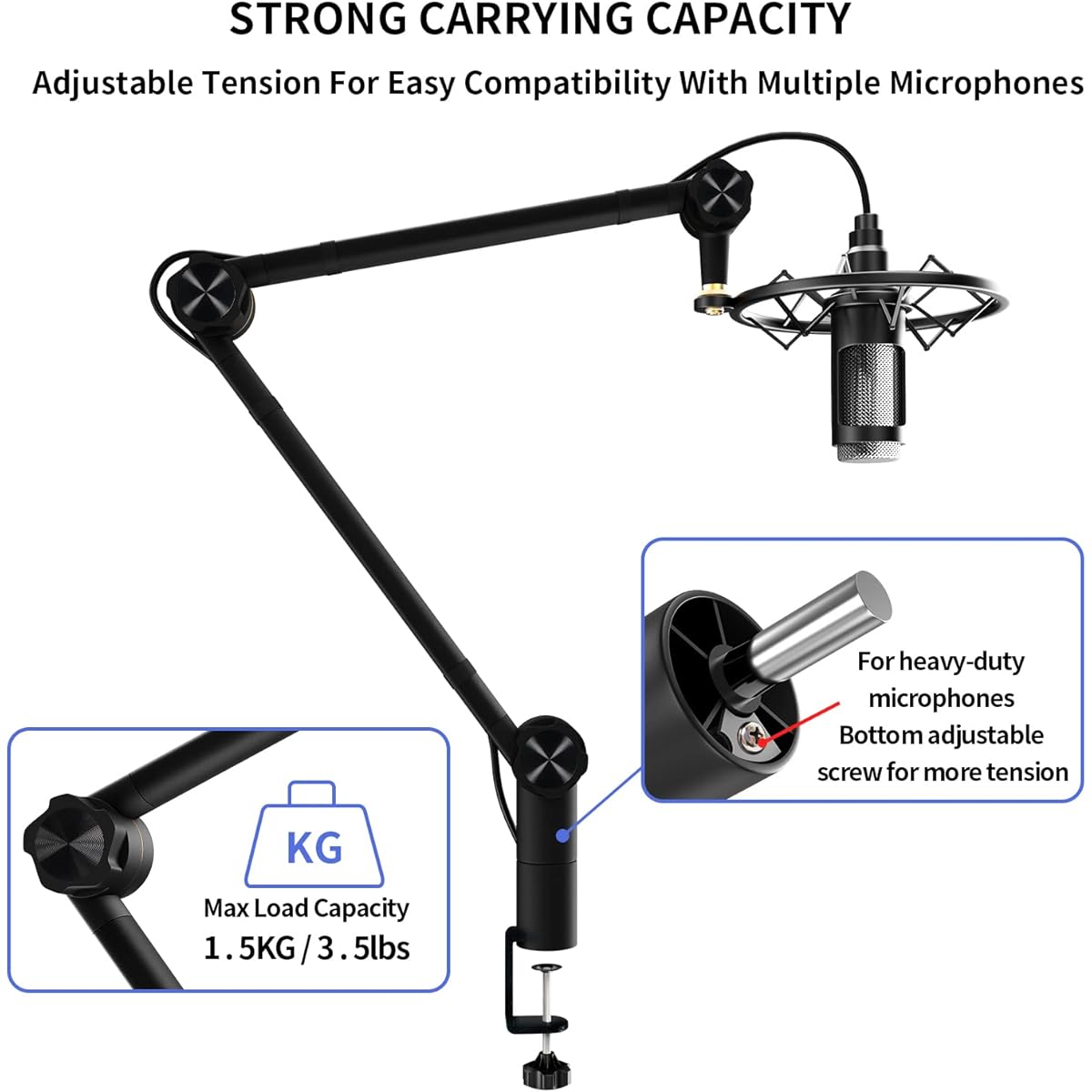SKAEHP Microphone Boom Arm [Sturdy and Stable] [360 Degree Adjustable] Boom Arm Stand with 3/8" to 5/8" Adapter Heavy Duty Microphone Stand for Radio Studio Podcast Gaming (AS-0) (Mic Boom)