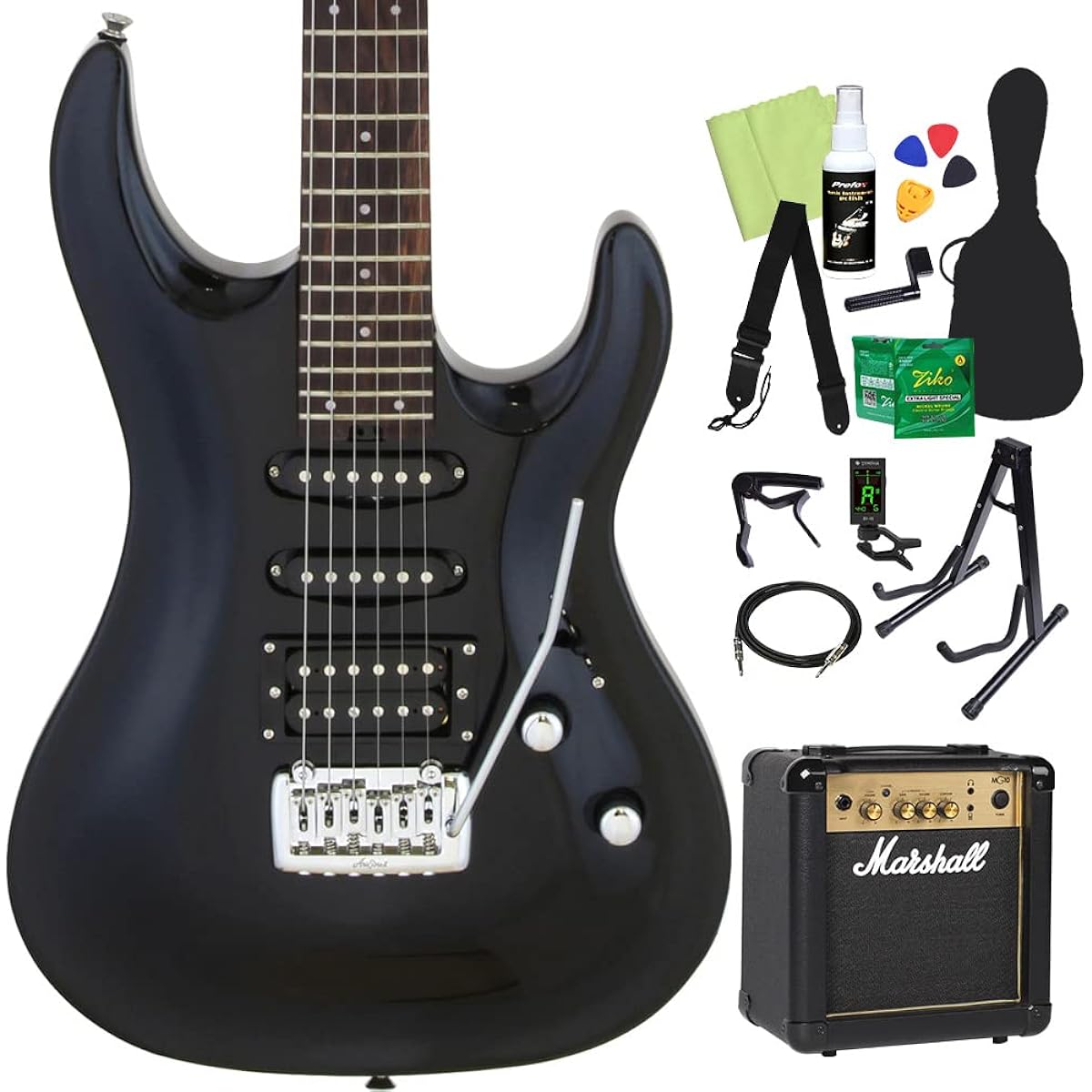 AriaProII MAC-STD Electric Guitar Beginner 14-piece Set [Includes MG10] MBK-Metallic Black- 24 Frets SSH Pickup AriaPro II