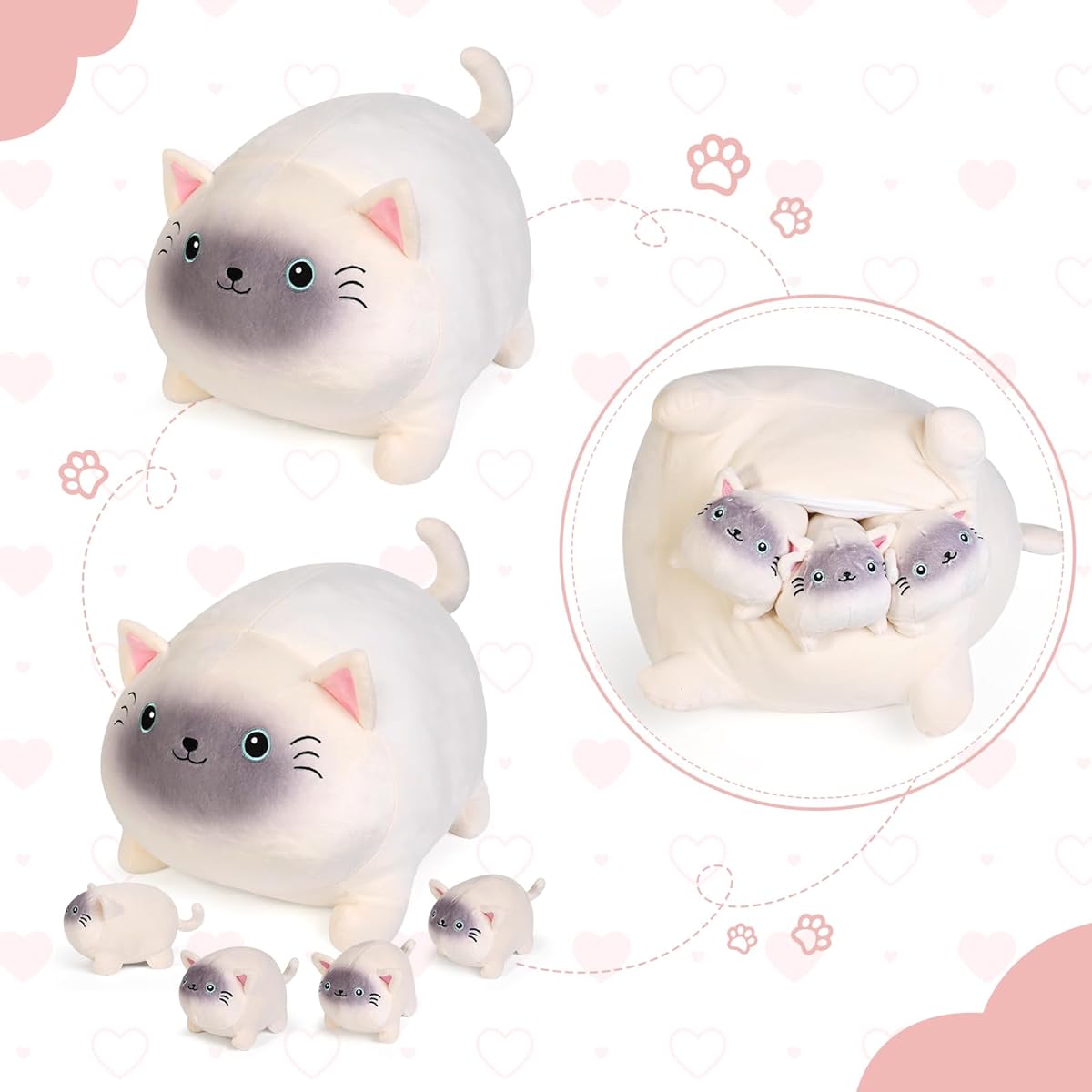 KMUYSL Siam Cat Plush Toy for Girls 3 4 5 6 7 8+ - Cat Mom Plush Toy 4 Kittens on Belly Valentine Birthday Gift Soft Stuffed Animal Set Baby Toddler Kids