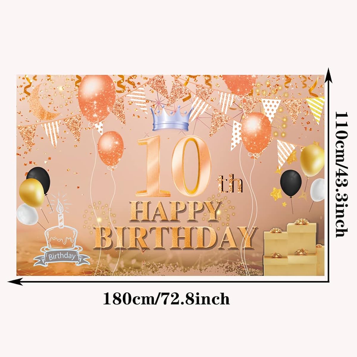 Happy 10th Birthday Backdrop Banner, Rose Gold 10 Years Old Sign Poster, 10th Birthday Party Supplies, Anniversary Photo Booth Photography Background, Birthday Party Decorations, 72.8 x 43.3 Inch