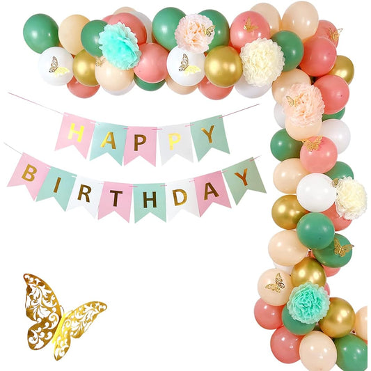 96pcs Butterfly Sage Green Pink Gold Balloon Garland Arch Kit Baby Shower Peach Gold Balloons Birthday Decorations for Women Girls Happy Birthday Banner with Butterfly Stickers and Paper Pom Poms
