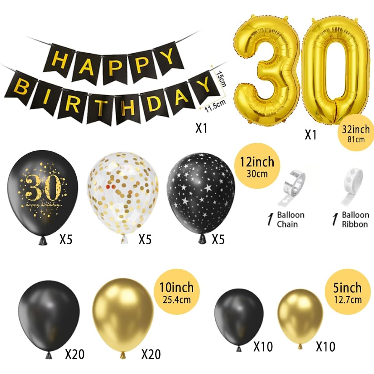 Birthday Decorations for Adults 79 Pieces Golden Metal and Black Balloons Golden Number Fall Balloons "Happy Birthday" Banner Balloon Chain Balloon Ribbon 30 Years Old