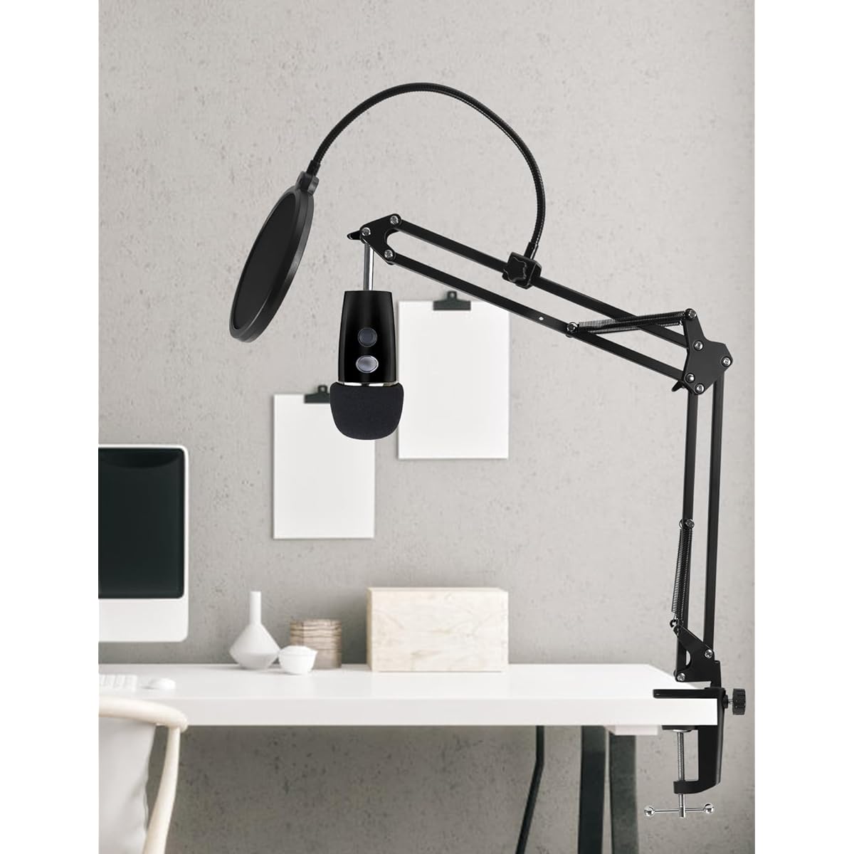 Microphone Stand for Blue Yeti, Yeti Nano, Snowball and Other Microphones, Computer Stand with Adjustable Suspension Arm with 3/8" to 5/8" Screw, 1/4" Pop Filter, Clip Mount microphone, cable ties