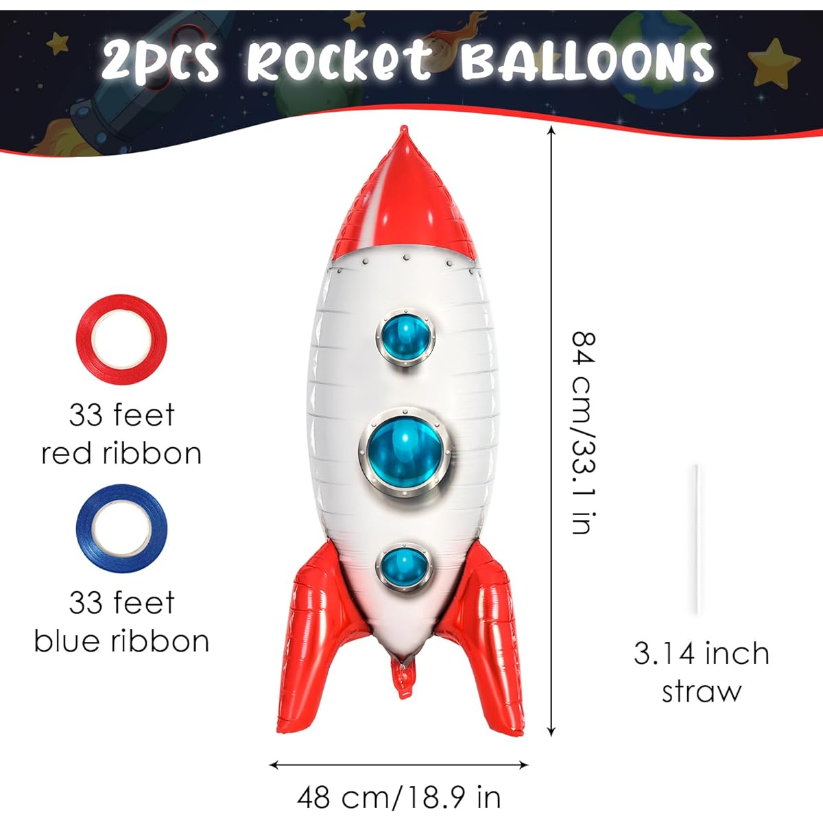 2pcs 4D Rocket Ship Balloon Helium Balloon Space Foil Balloon Rocket Shaped Big Mylar Foil Balloon Kids Toy Baby Shower Space Theme Birthday Party Decoration