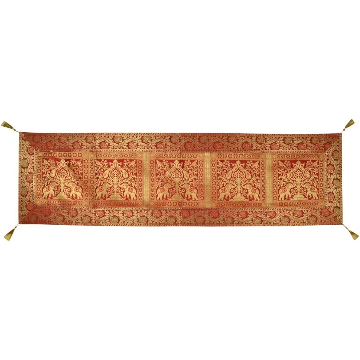 Lalhaveli Indian Black Rectangular Peacock Elephant Design Silk Table Runner 152 x 41 Cm
