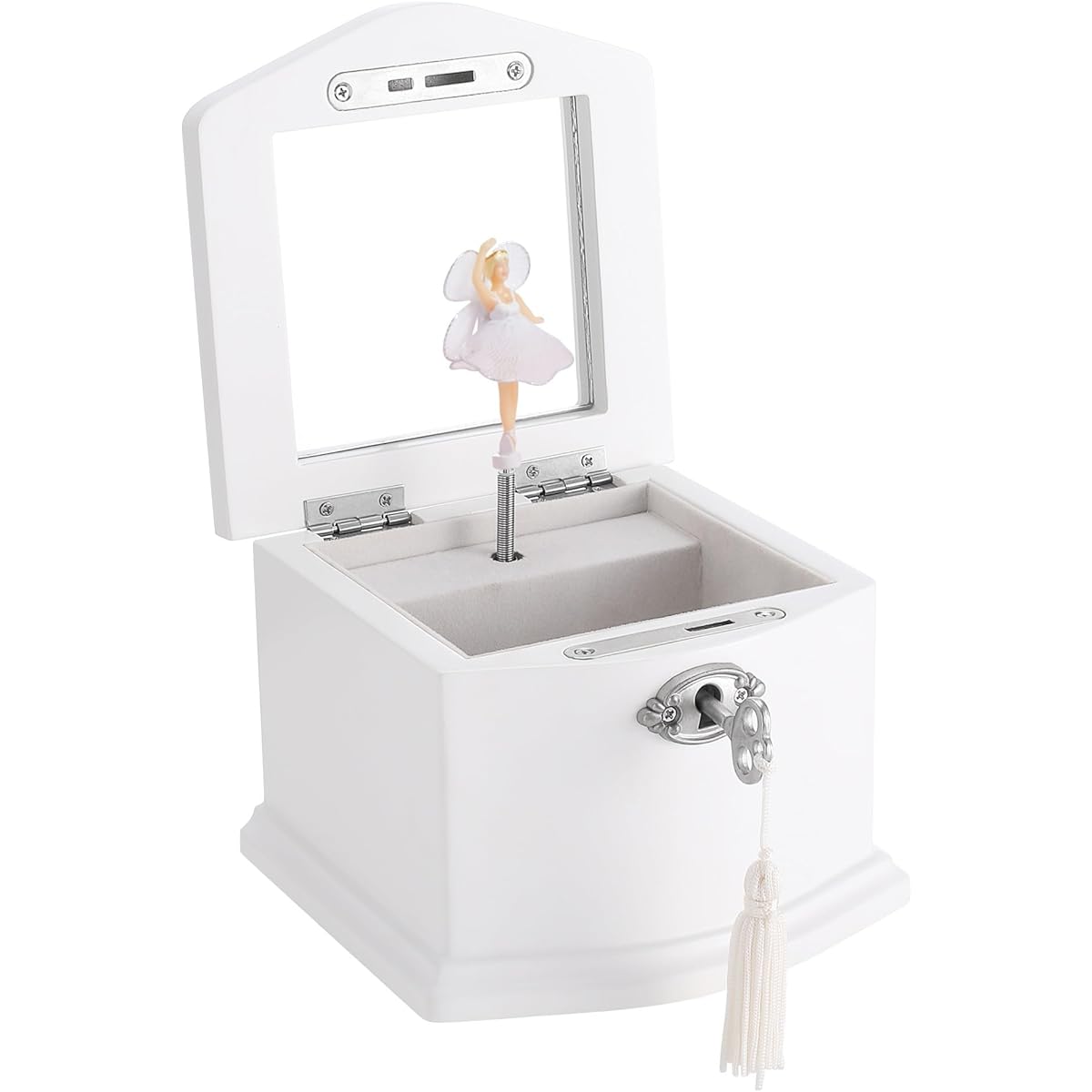 Jozen Gifts Wooden Ballerina White Music Box with Mirror for Girls, Kids Jewelry Storage Music Box