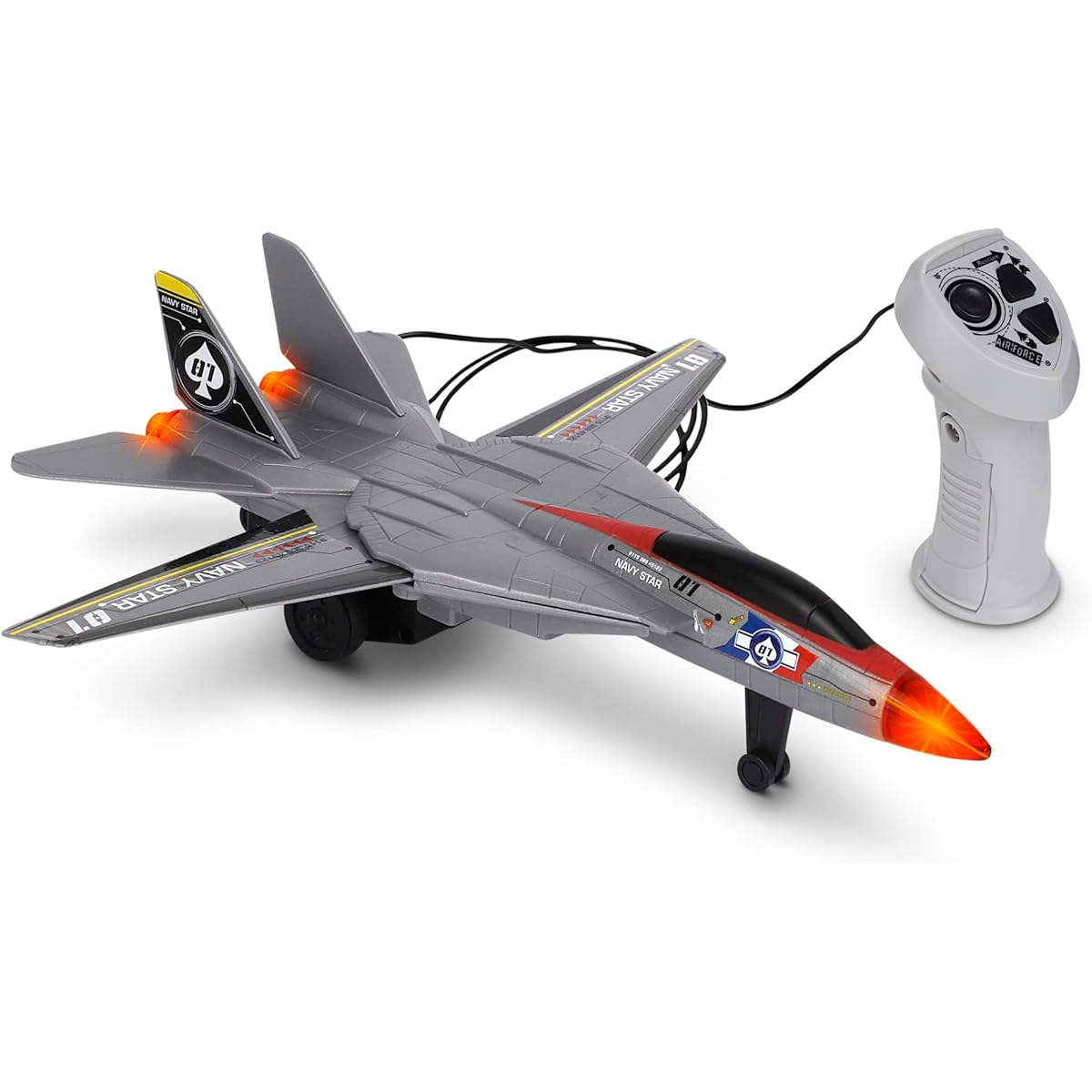 Playkidiz Wired Remote Control Plane with Lights & Sounds - Navy Star Airplane Toy with 43" Wire - Great for Ages 3+, Toddlers
