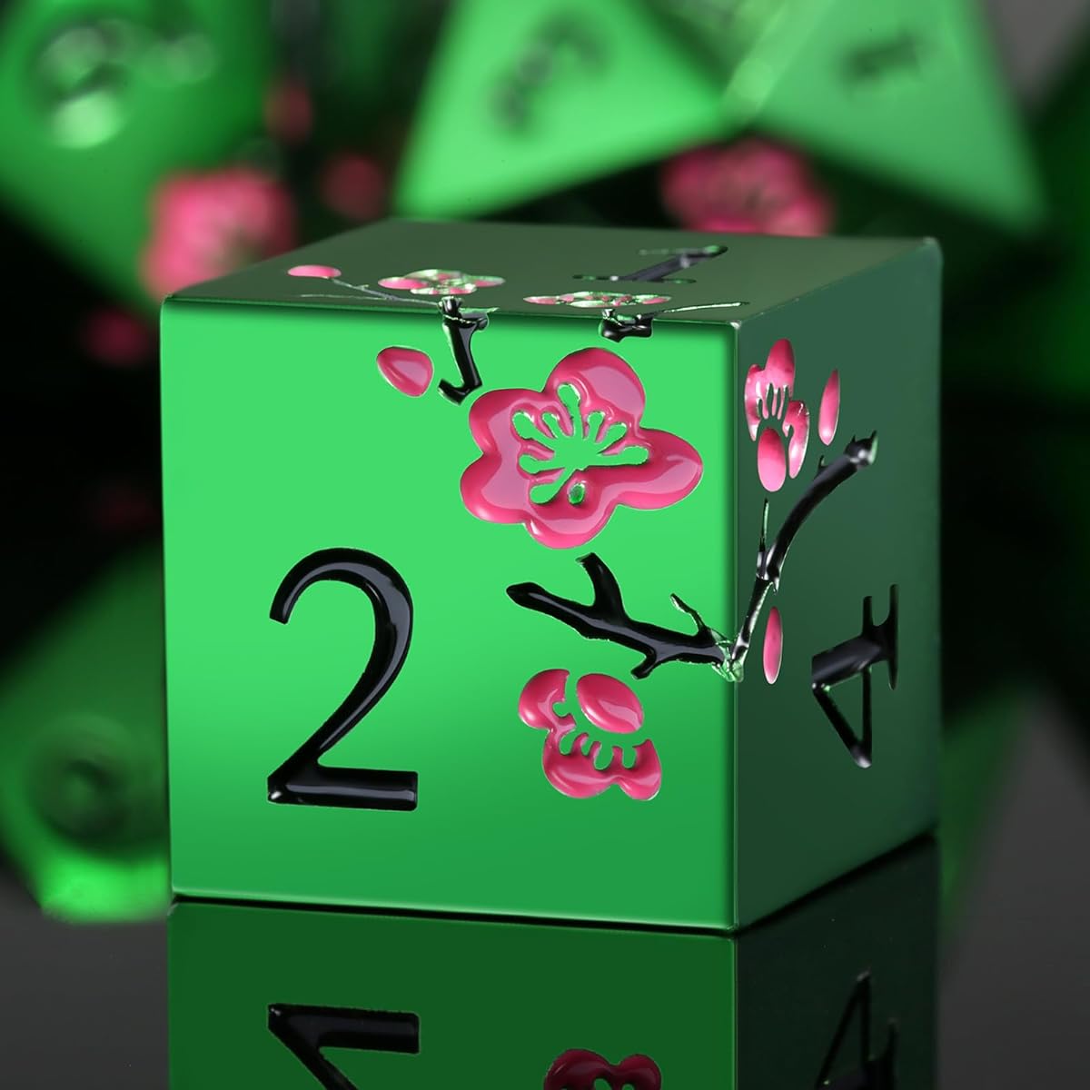DNDND Matte Green Metal Dice Set 7 Pieces Heavy Metallic D&D Dice Set with Large Gift Case for Dungeons and Dragons Tabletop Game (Pink Flowers on Matte Green)