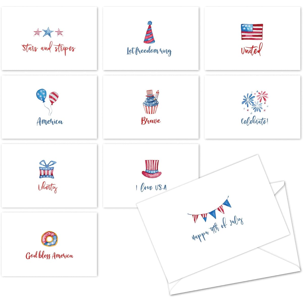 Whaline Patriotic Greeting Card Watercolor 4th of July Note Card Stars American Flag Fireworks Gift Card with Envelopes and Adhesive Stickers for Independence Day Party Favors 4 x 6 inches