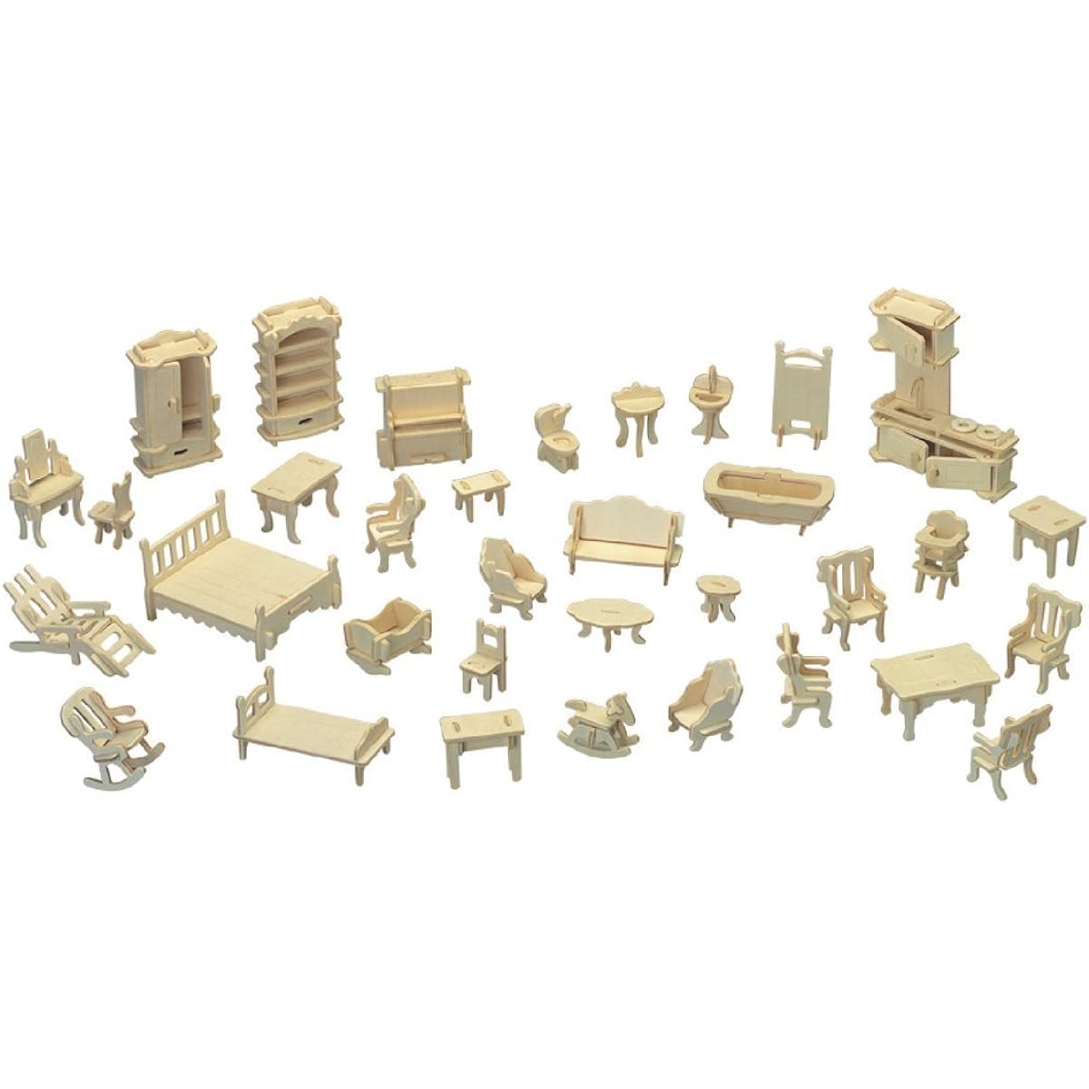 CUTEROOM Dollhouse Furniture Laser Cut Wooden 3D Puzzle DIY Miniature Dollhouse Kit Home Furniture Set 34 Pieces