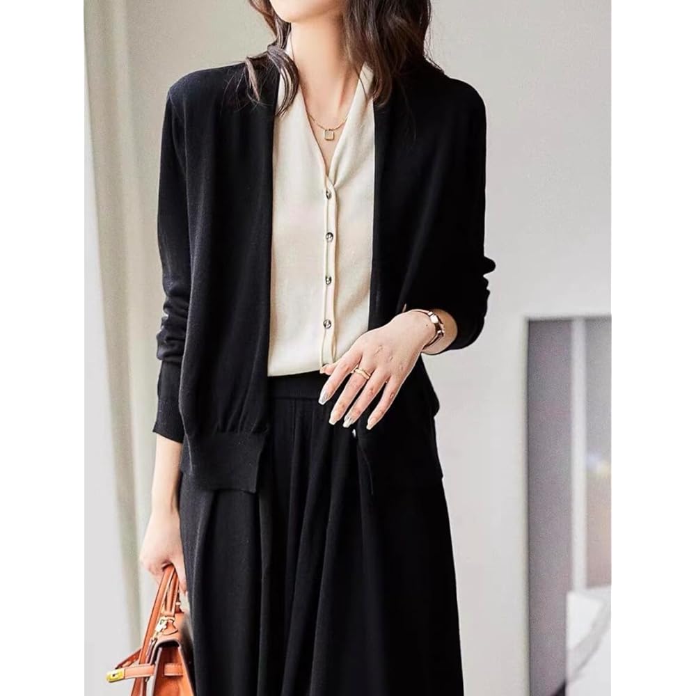 [Shion] 2-piece Set Setup Tops Skirt Faux Layered Knit Cardigan Style Elastic Waist M~XL