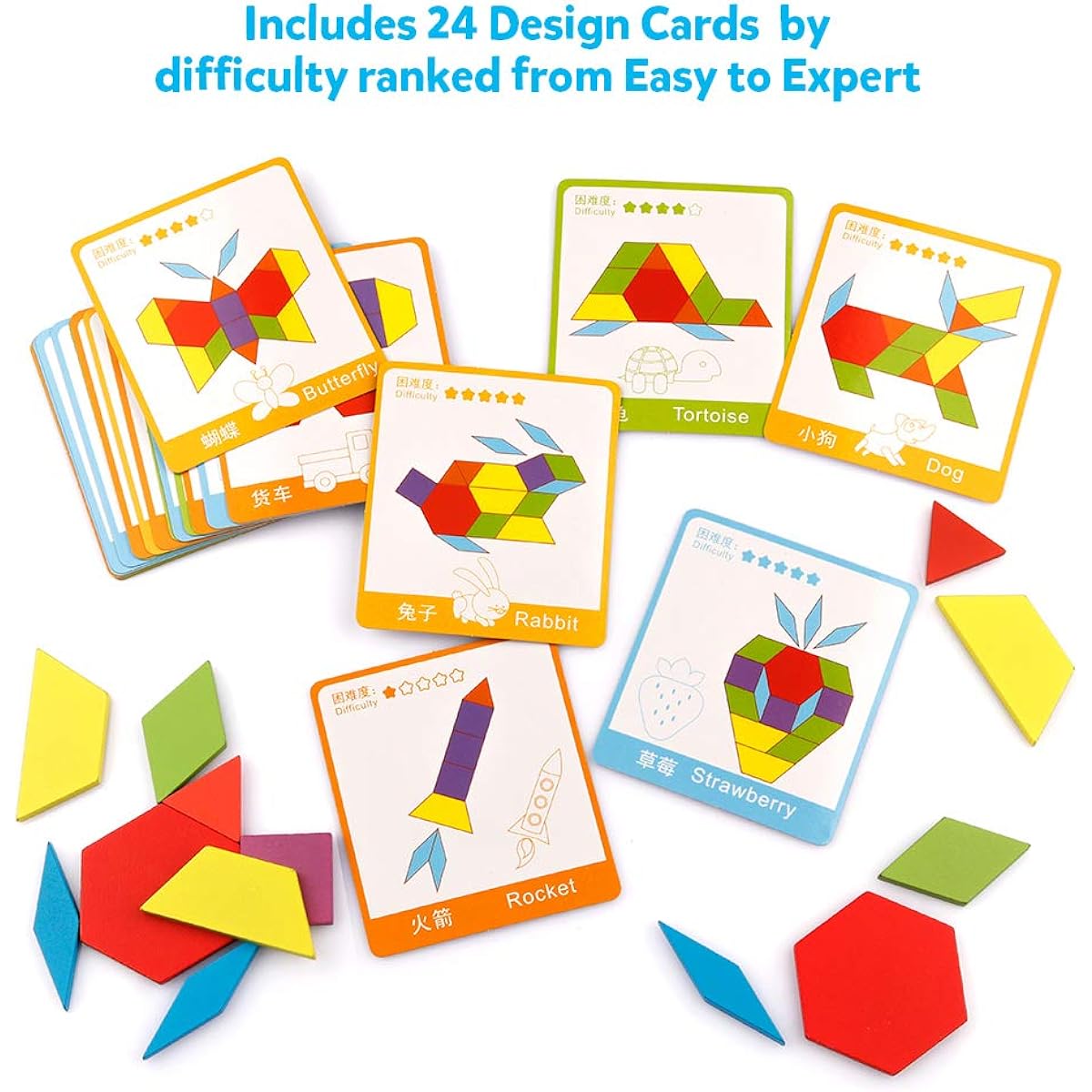 Coogam Wooden Pattern Blocks Set 130 Pieces Geometric Color Shape Manipulative Puzzle - Graphical Montessori Tangram Early Learning Educational Toys Brain Teasers STEM Gifts for Kids with 24 Design Cards