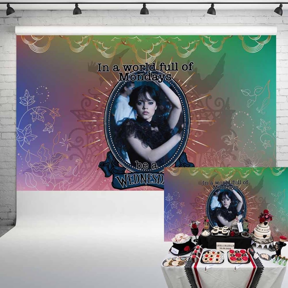 Wednesday Addams Photography Backdrop Teal Pink Gold Floral Background Wednesday Dance Backdrop for Birthday Party 5x3ft 44