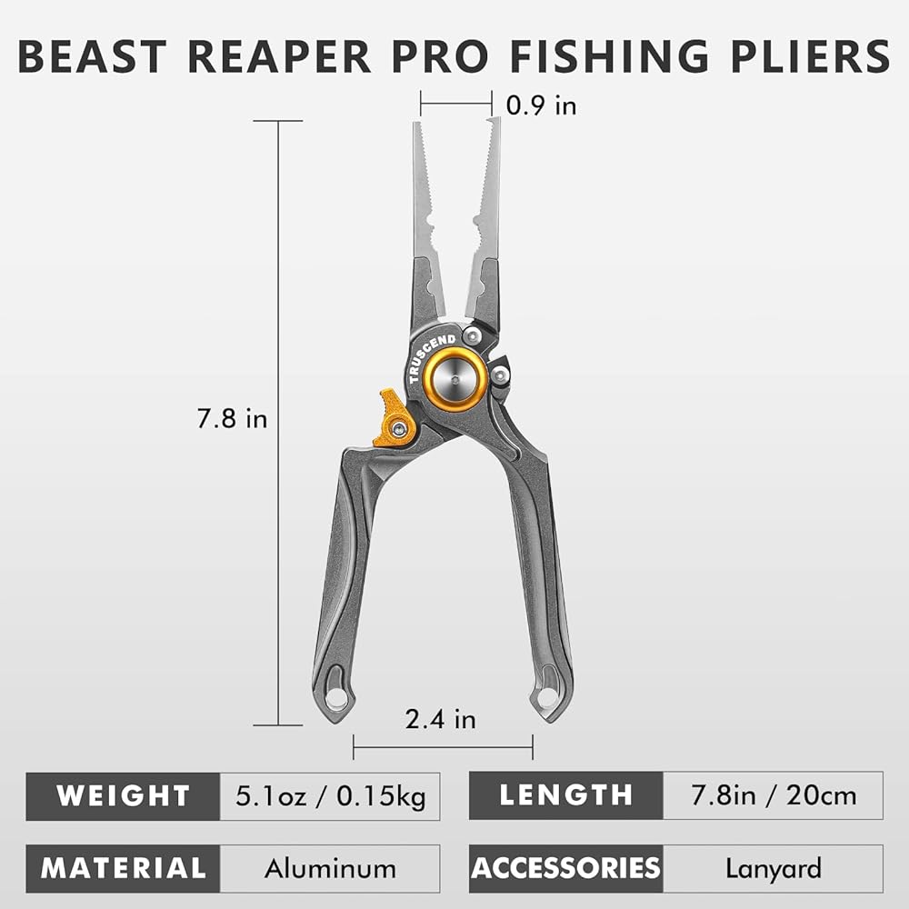 TRUSCEND Denmori [Made of aviation aluminum, with lock] Fishing pliers with safety rope, fishing pliers, PTFE coated, rust-proof, corrosion-resistant, wear-resistant, multi-functional, saltwater, hook remover, needle remover, line cutter, stainless steel