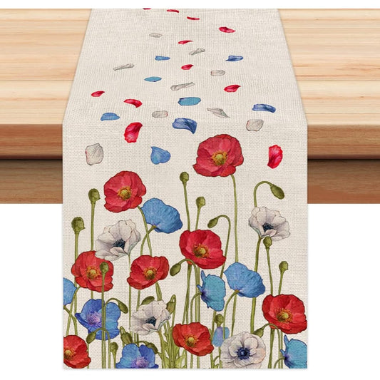 4th of July Decoration Table Runner 13x72inch Memorial Day American Patriotic Floral USA Freedom Liberty Independence Day Decor AT214